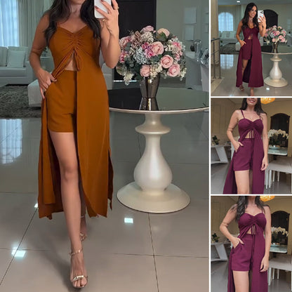 🔥2025 Summer Hot New Arrivals~👉Women's Fashion Solid Color Spaghetti Straps Long Top & Shorts Two Piece Set⏳Time Special: 50% —✈️Free Shipping 📦