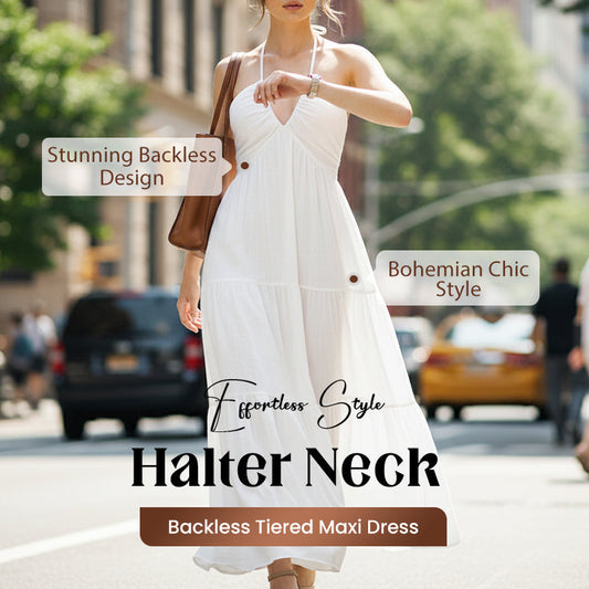 👗 50% OFF NOW! 🌞 Halter Backless Tiered Maxi – Deep V, Adjustable & Flowy Boho (Black/White/Yellow) 🏖️