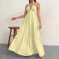 👗 50% OFF NOW! 🌞 Halter Backless Tiered Maxi – Deep V, Adjustable & Flowy Boho (Black/White/Yellow) 🏖️