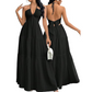 👗 50% OFF NOW! 🌞 Halter Backless Tiered Maxi – Deep V, Adjustable & Flowy Boho (Black/White/Yellow) 🏖️